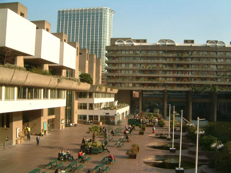 This link to the Barbican Centre website is a photo of the centre and some estate lakeside terraces. It was taken during a sunny afternoon.